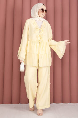 Önü Bağcık Detaylı Kolları Volanlı Kimono İkili Takım Sarı - Thumbnail