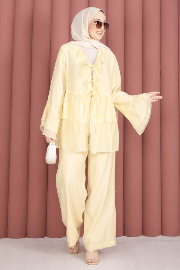 Mdl - Önü Bağcık Detaylı Kolları Volanlı Kimono İkili Takım Sarı