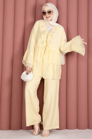 Önü Bağcık Detaylı Kolları Volanlı Kimono İkili Takım Sarı - Thumbnail