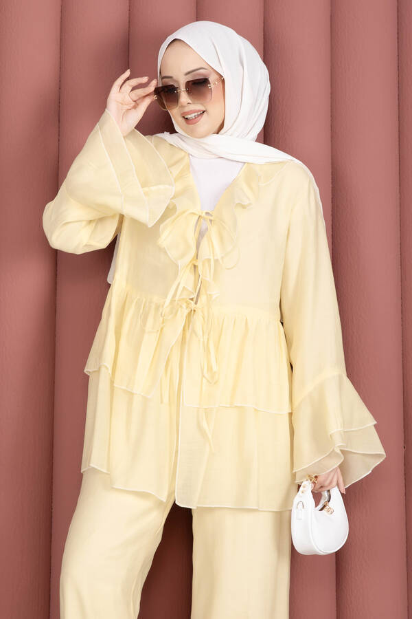 Mdl - Önü Bağcık Detaylı Kolları Volanlı Kimono İkili Takım Sarı (1)