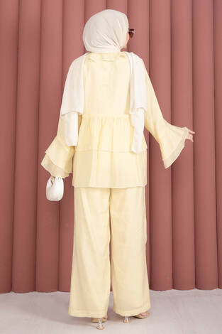 Önü Bağcık Detaylı Kolları Volanlı Kimono İkili Takım Sarı - Thumbnail