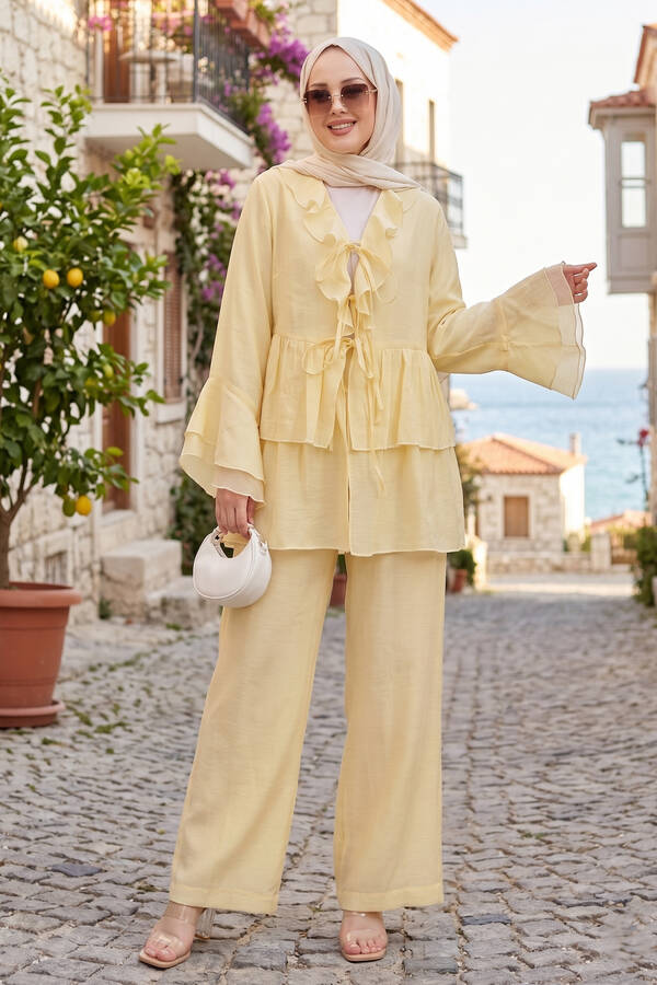 Mdl - Önü Bağcık Detaylı Kolları Volanlı Kimono İkili Takım Sarı