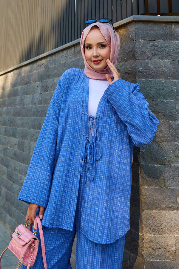 Mat - Önü Bağlama Detaylı Kimono İkili Takım İndigo (1)