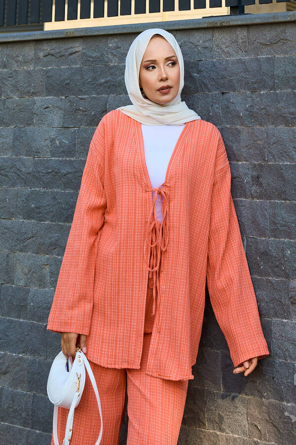 Mat - Önü Bağlama Detaylı Kimono İkili Takım Somon (1)