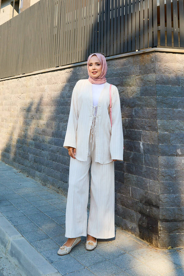 Önü Bağlama Detaylı Kimono İkili Takım Taş Önü Bağlama Detaylı Kimono İkili Takım Taş