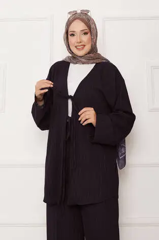 Önü Bağlamalı Kimono Takım Acı Kahve - Thumbnail
