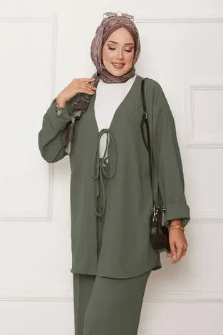 Önü Bağlamalı Kimono Takım Çağla Yeşili - Thumbnail