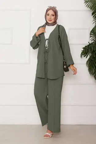 Önü Bağlamalı Kimono Takım Çağla Yeşili - Thumbnail
