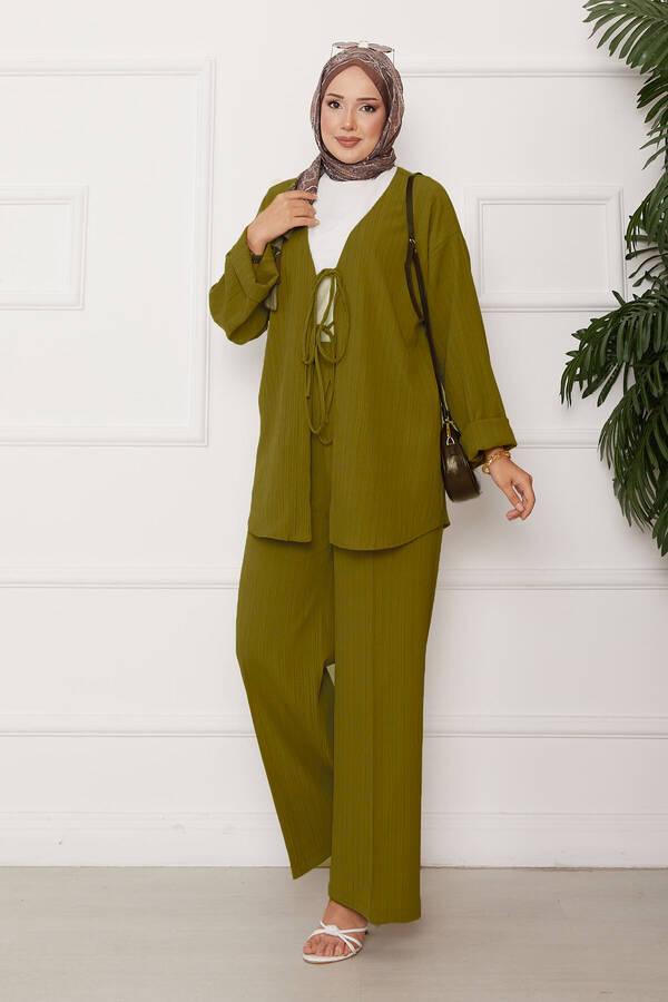 Önü Bağlamalı Kimono Takım Yağ Yeşil Önü Bağlamalı Kimono Takım Yağ Yeşil