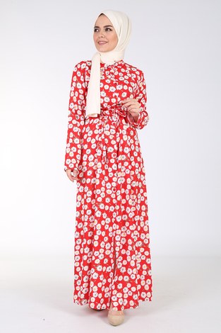 Önü Boydan Düğmeli Elbise 14218-2 Kırmızı - Thumbnail