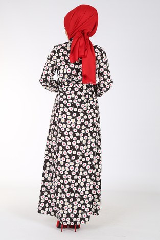 Önü Boydan Düğmeli Kuşaklı Elbise 14218-1 Siyah - Thumbnail