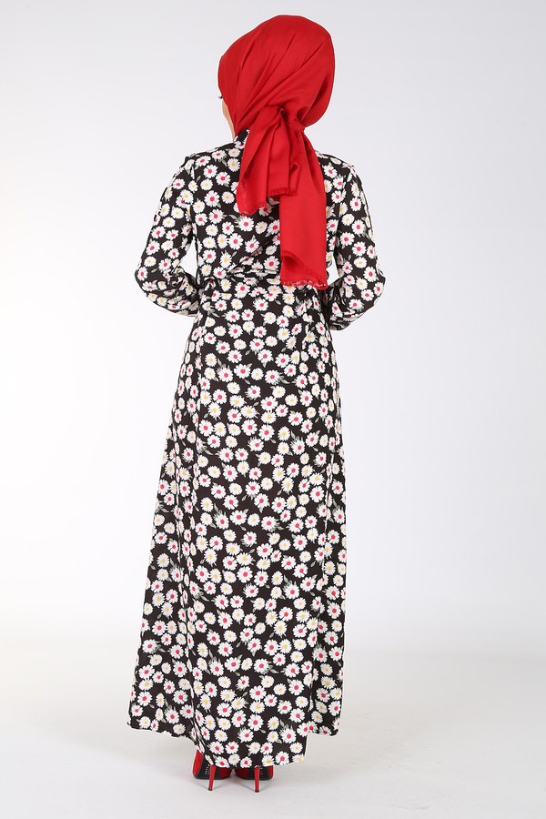 Önü Boydan Düğmeli Kuşaklı Elbise 14218-1 Siyah
