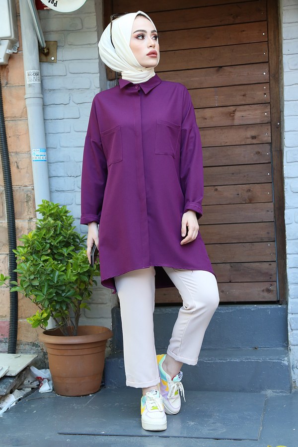  - Önü Boydan Gizli Düğmeli Tunik 2148-3 Mor