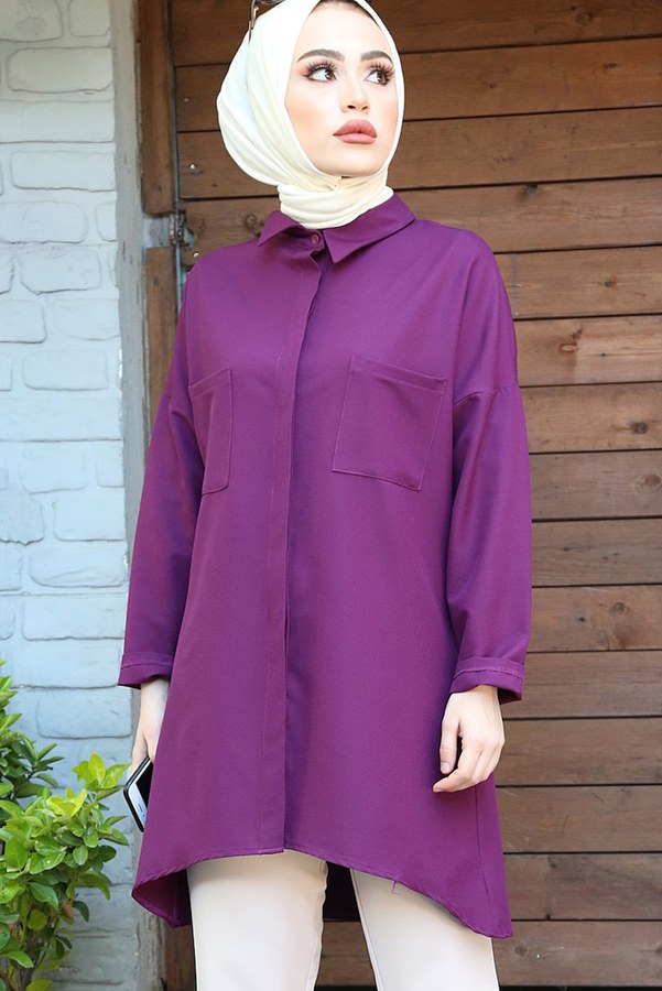  - Önü Boydan Gizli Düğmeli Tunik 2148-3 Mor (1)