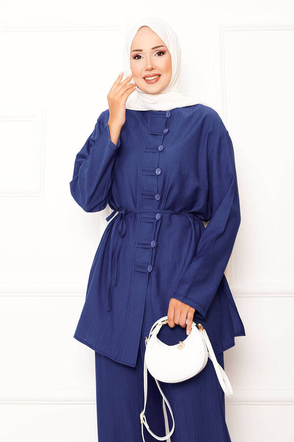 MD - Önü Brit Detaylı Beli Seyyar Bağcıklı İkili Takım Saks (1)