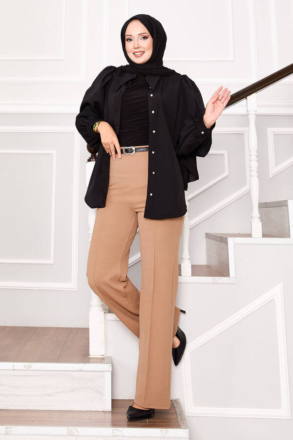 Önü Çımalı Beli Lastikli Palazzo Pantolon Camel Önü Çımalı Beli Lastikli Palazzo Pantolon Camel