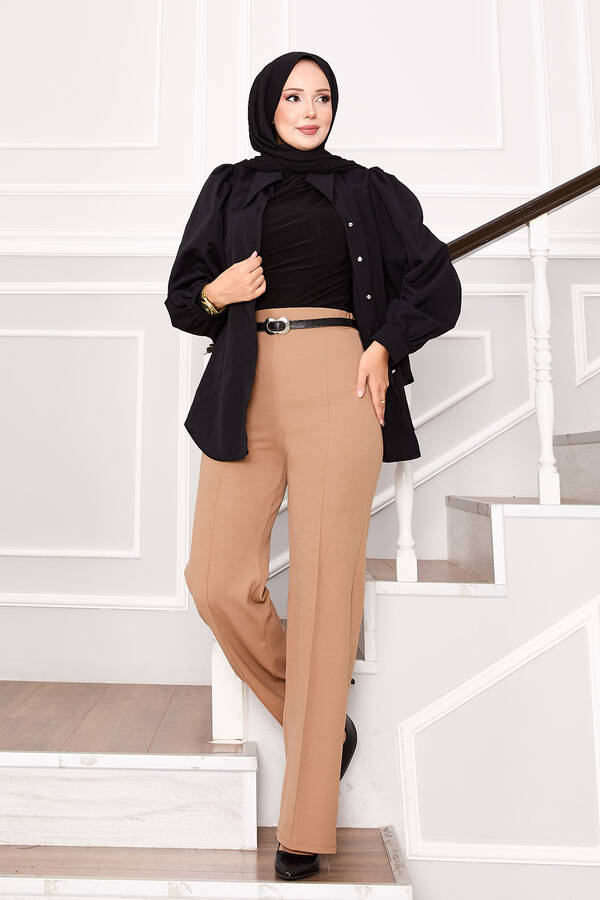 Önü Çımalı Beli Lastikli Palazzo Pantolon Camel - 3