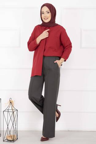 Önü Çimalı Cep Detaylı Pantolon Füme - Thumbnail