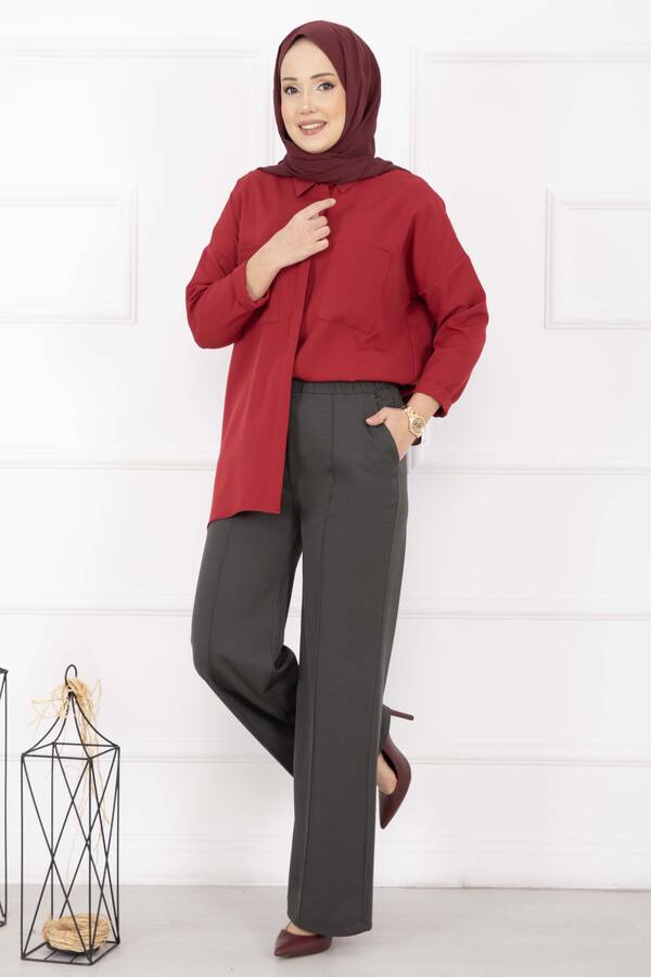 Mds - Önü Çimalı Cep Detaylı Pantolon Füme