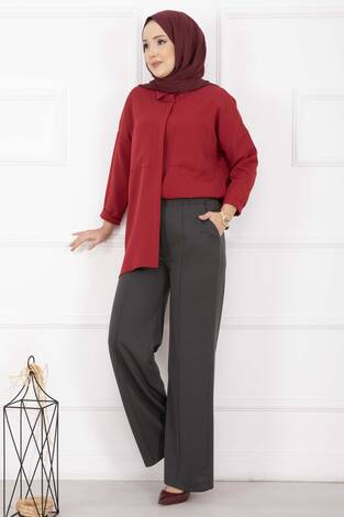 Önü Çimalı Cep Detaylı Pantolon Füme - Thumbnail