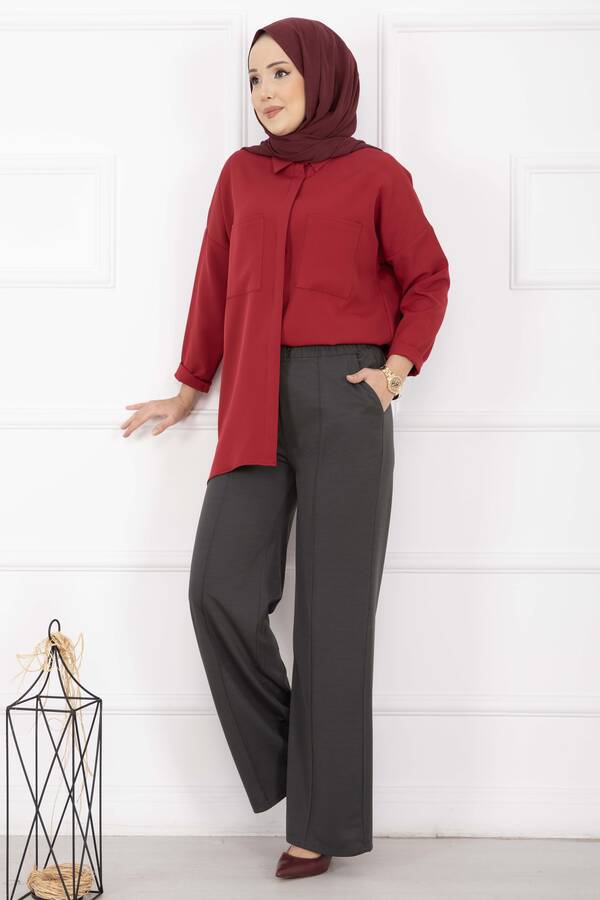 Önü Çimalı Cep Detaylı Pantolon Füme - 3
