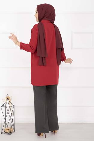 Önü Çimalı Cep Detaylı Pantolon Füme - Thumbnail