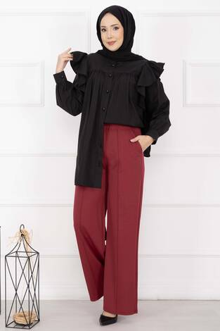 Önü Çimalı Cep Detaylı Pantolon Şarabi - Thumbnail
