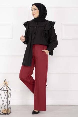 Önü Çimalı Cep Detaylı Pantolon Şarabi - Thumbnail