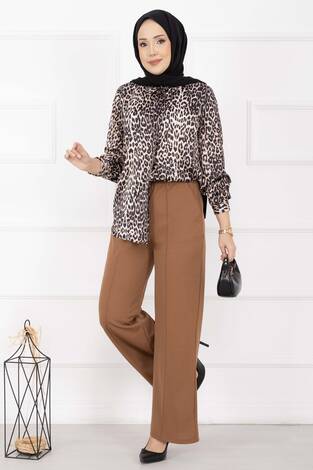 Önü Çimalı Cep Detaylı Pantolon Taba - Thumbnail