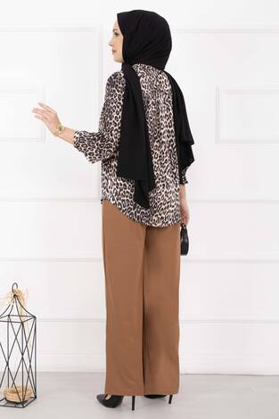 Önü Çimalı Cep Detaylı Pantolon Taba - Thumbnail