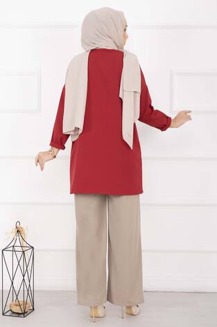 Önü Çimalı Cep Detaylı Pantolon Taş - Thumbnail