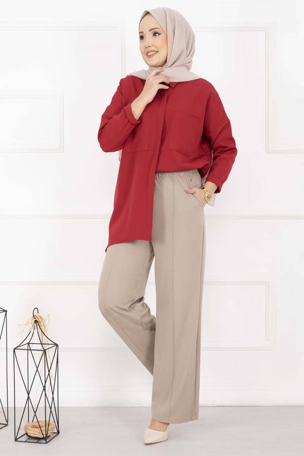 Mds - Önü Çimalı Cep Detaylı Pantolon Taş