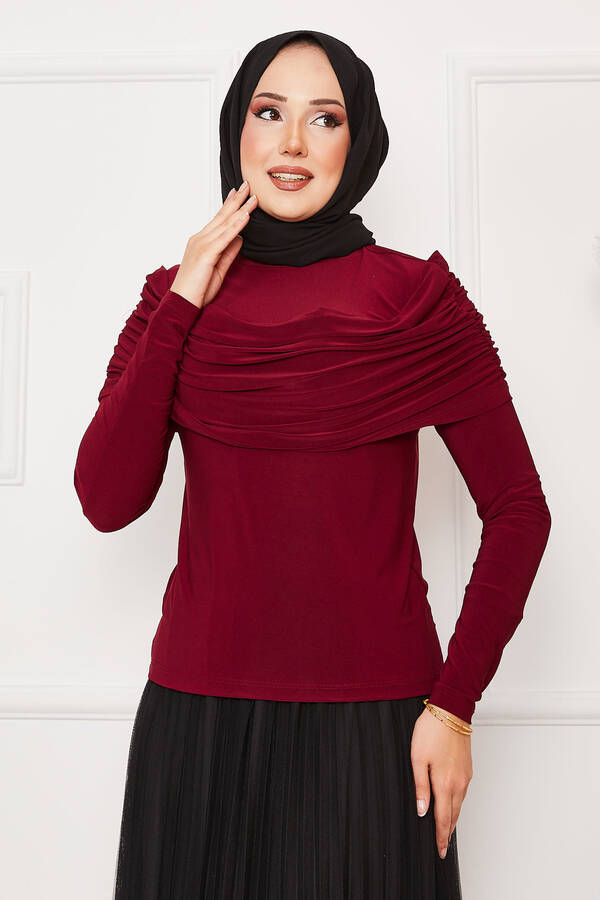 Önü Drapeli Sandy Bluz Bordo Önü Drapeli Sandy Bluz Bordo
