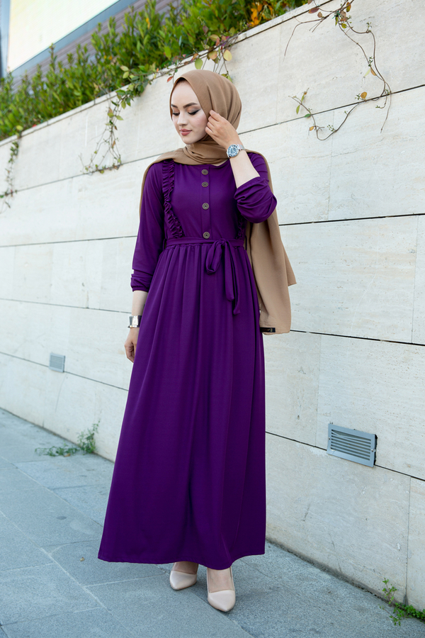 Önü Düğme Detaylı Elbise 120NY-1890 Mor