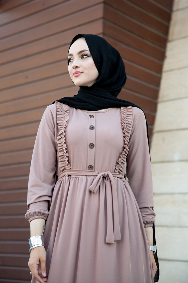NY - Önü Düğme Detaylı Elbise 120NY-1890 Vizon (1)