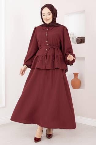 Önü Düğme Detaylı Etekli İkili Takım Bordo - Thumbnail