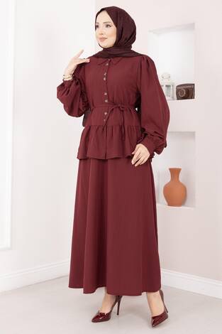 Önü Düğme Detaylı Etekli İkili Takım Bordo - Thumbnail