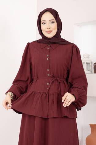 Önü Düğme Detaylı Etekli İkili Takım Bordo - Thumbnail