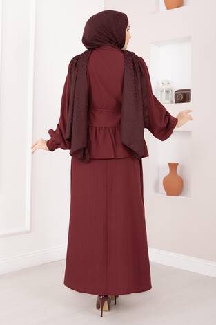 Önü Düğme Detaylı Etekli İkili Takım Bordo - Thumbnail