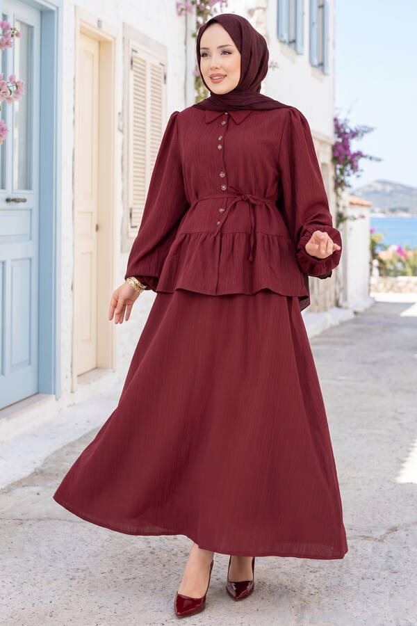 Zmr - Önü Düğme Detaylı Etekli İkili Takım Bordo