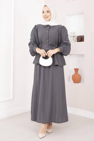 Önü Düğme Detaylı Etekli İkili Takım Gri - Thumbnail