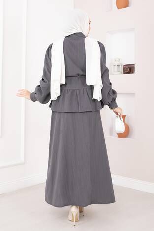 Önü Düğme Detaylı Etekli İkili Takım Gri - Thumbnail