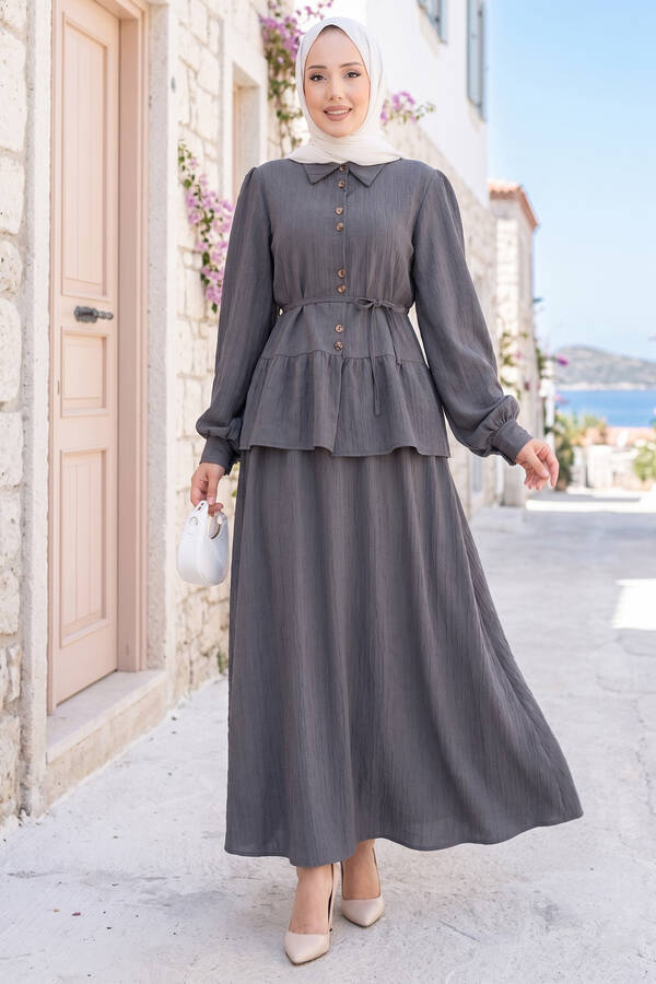 Zmr - Önü Düğme Detaylı Etekli İkili Takım Gri