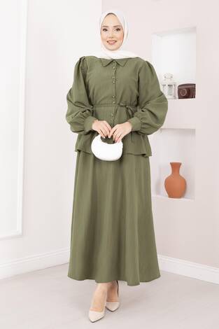 Önü Düğme Detaylı Etekli İkili Takım Haki - Thumbnail