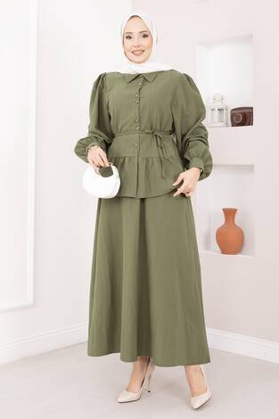 Önü Düğme Detaylı Etekli İkili Takım Haki - Thumbnail