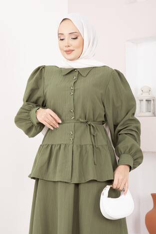 Önü Düğme Detaylı Etekli İkili Takım Haki - Thumbnail