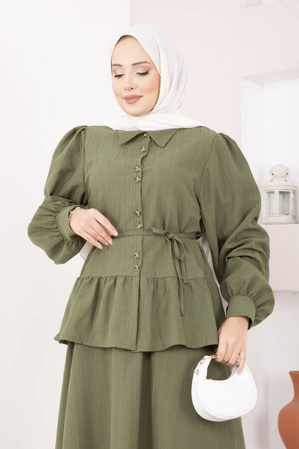 Zmr - Önü Düğme Detaylı Etekli İkili Takım Haki (1)