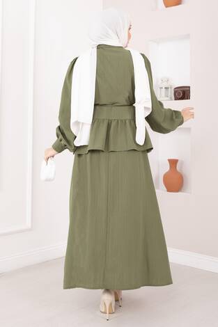 Önü Düğme Detaylı Etekli İkili Takım Haki - Thumbnail