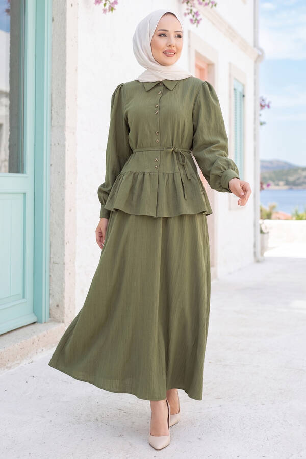 Zmr - Önü Düğme Detaylı Etekli İkili Takım Haki