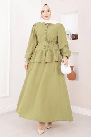 Önü Düğme Detaylı Etekli İkili Takım Hardal